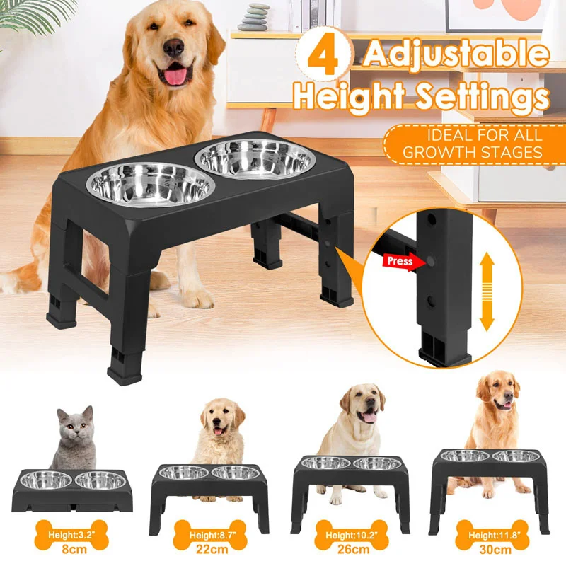 Dog Bowls Double Adjustable Elevated Feeder Pet Feeding Raise Stainless Steel Cat Food Water Bowls with Stand Lift Dining Tabel