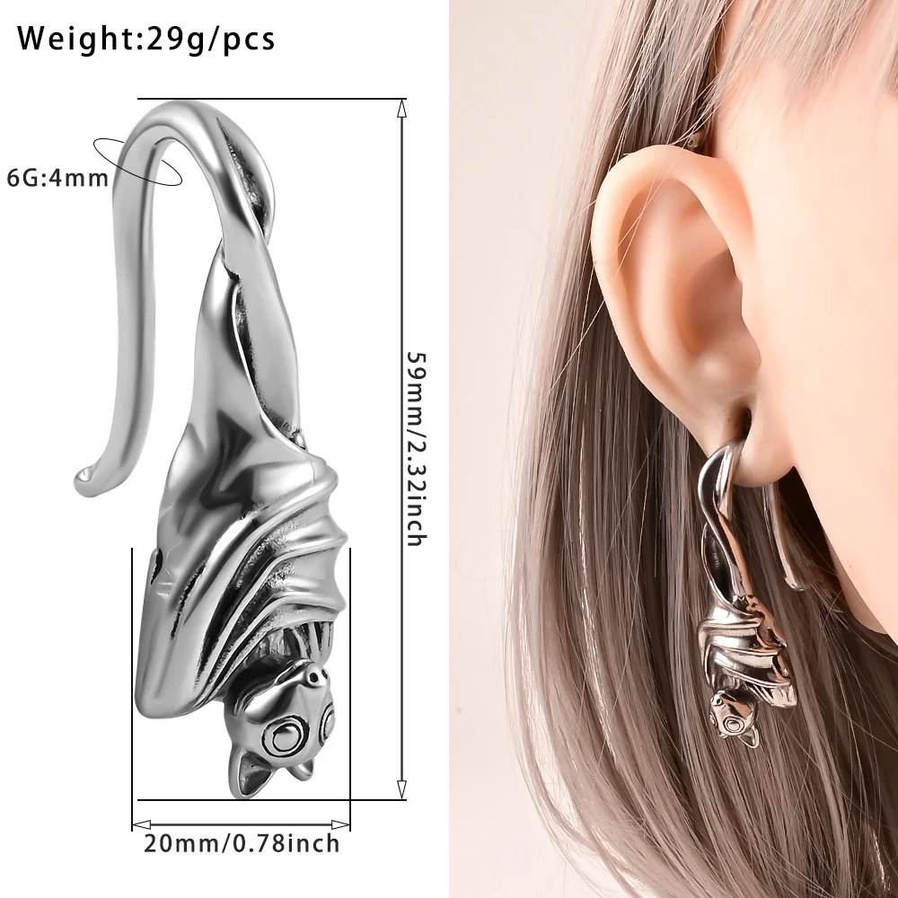 Vabku 2pc Fashionable Stainless Steel Bats Head Ear Weight Gauges Stretchers Body Piercing Jewelry Earring Expanders