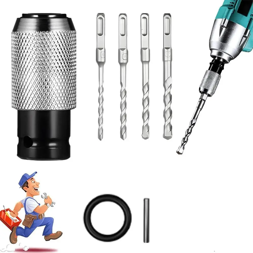 Square-Shank Rotary Hammer Adapter Four-Slot Quick Release Electric Hammer Convert Adapter with Impact Drill Bits