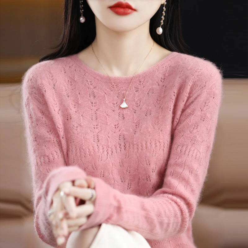 

Pure Wool Sweater Women's Hollowed-Out Round Neck Spring New Heavy Industry Pure Lust Style Long-Sleeved Bottom Korean Fashion