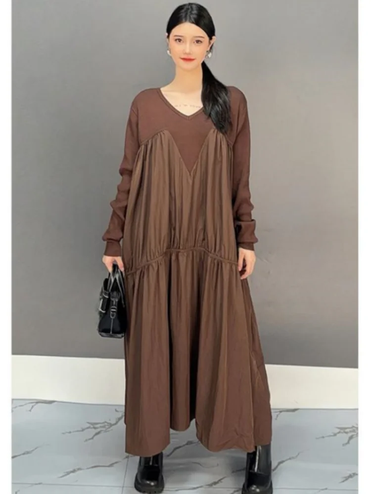 Vefadisa 2025 Spring Autumn New Brown Patchwork Women Dress V-neck Long Sleeved Swing Dress Loose Elegant Fashion Dress ZXY1191A