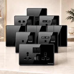 Luxury All Tempered Glass Wall Light Switch Button Black UK Plug 13A Universal Wall Socket with Usb ,220V1gang2way Speed Switch