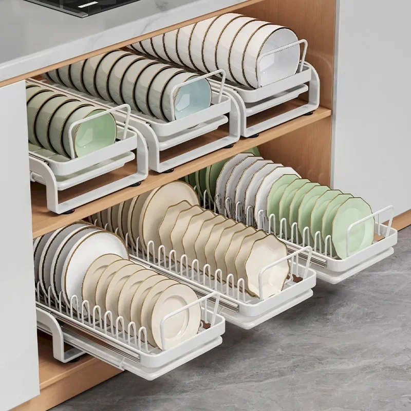 Pull-Out Dish Drying Rack Sliding Cabinet Storage Rack Drawer-Style Tableware Organizer for Plates Utensils Kitchen