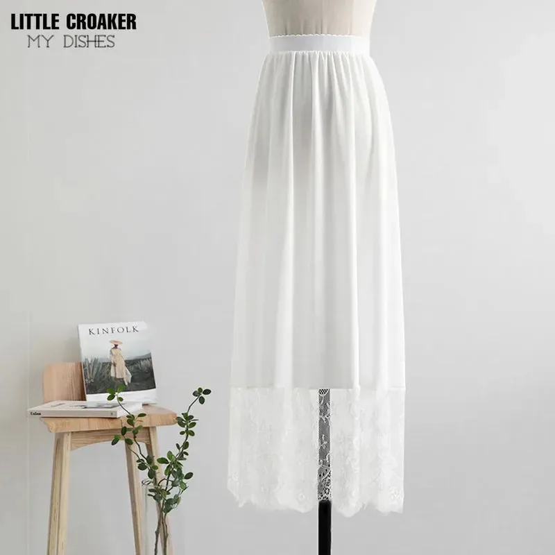 Enagua con forro de cintura alta de estilo chino, Falda larga plisada, parte inferior Maxi, falda de encaje blanco y negro para Hanfu