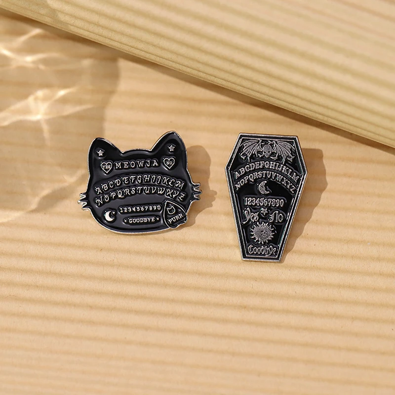 Retro Meowja Ouija Board Cat Enamel Pin Punk Gothic Bat Magic Divination Brooch Lapel Backpack Badge Festival Jewelry Ornament