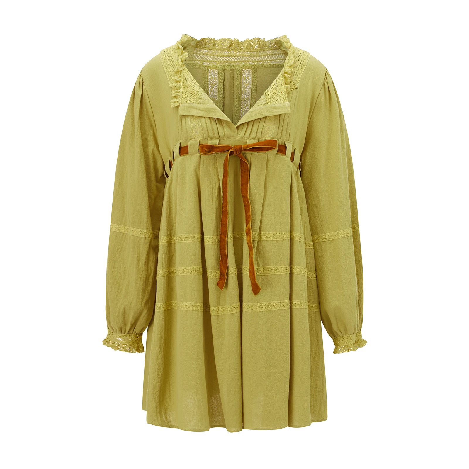 المرأة ريترو ربطة القوس فيونكة فستان بيبي دول صغير ربيع الخريف لطيف التطريز الأزهار تي شيرت فستان Y2k كم طويل قصير فستان الشمس Flowy