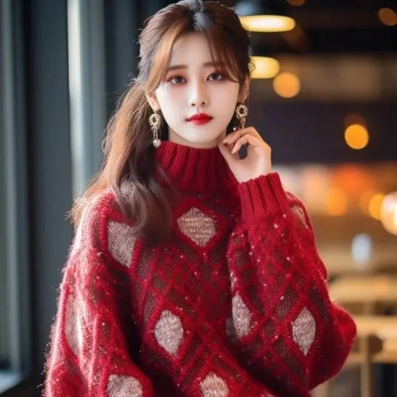 Roter Mock Neck Sweater Frauen Herbst Winter Einfachheit Büro Dame lose warme Strickwaren Mode All-Match Temperament Strick oberteile