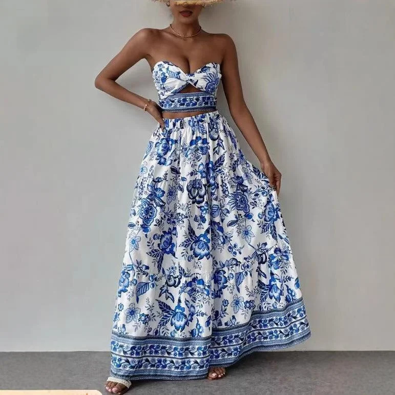 Bedrucktes langes Rock-Set für Damen, Sommer-Faion-Top, T-Shirt-Set, Svel-Pflanze, Blumenmuster, Arbeitskleidung in Erwachsenengröße