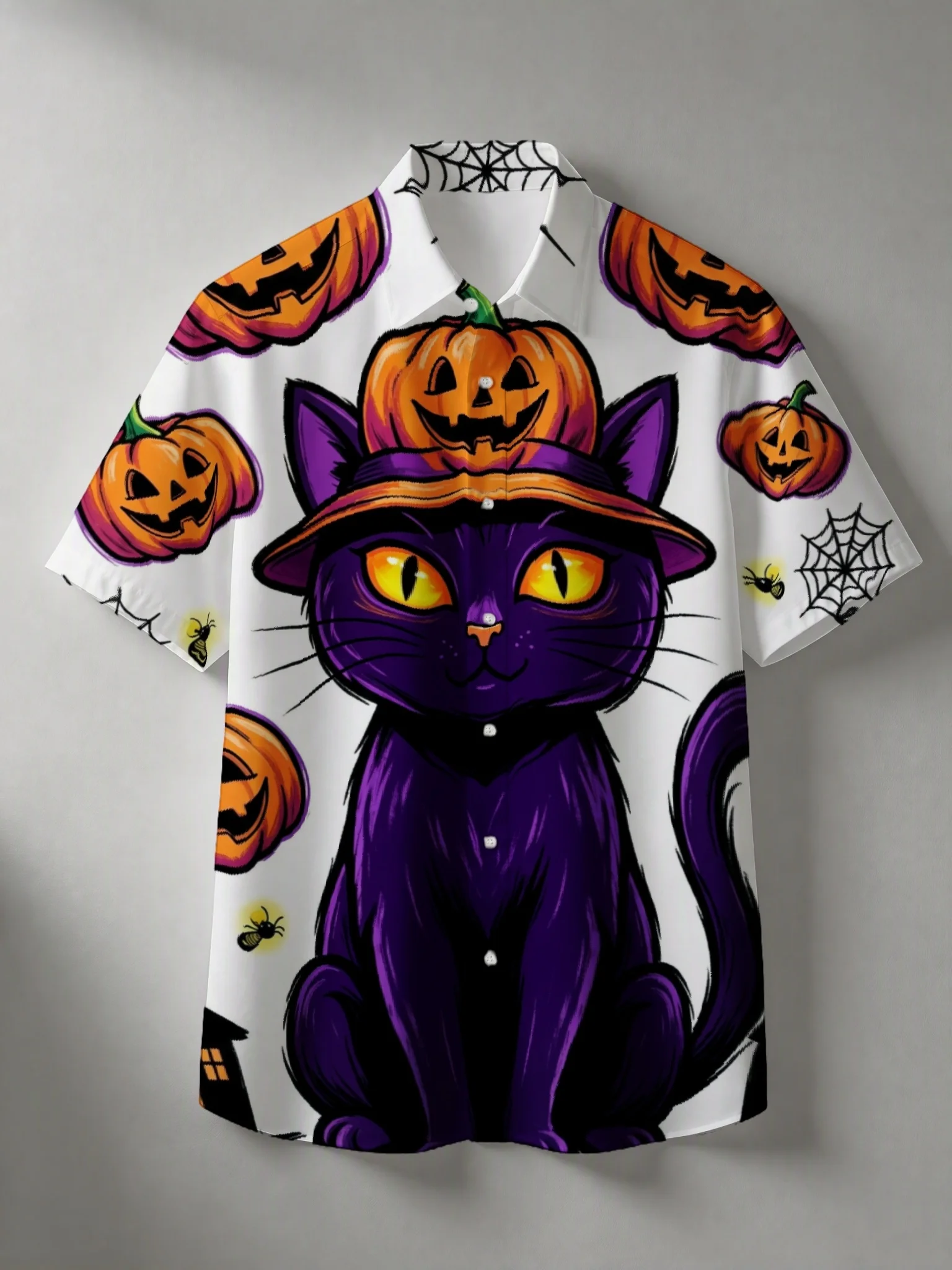 Men Halloween Purple Black Cat Pumpkin Print Short Sleeve Shirt Lapel Collar Party Casual Tops