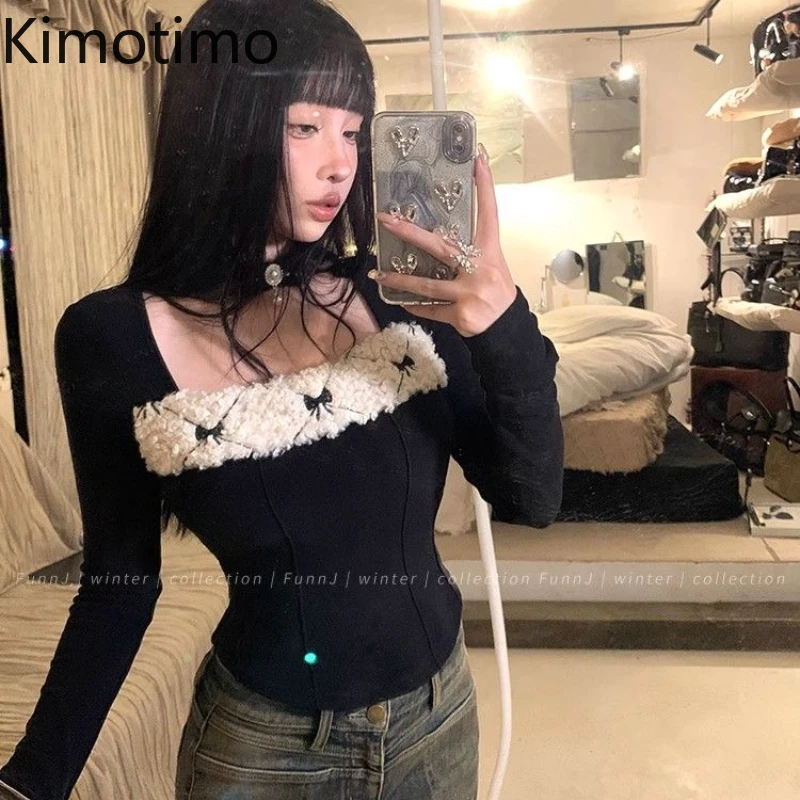 

Kimotimo Vintage Square Collar Bow Patchwork T-shirts Women 2025 Spring Y2k Slim Fit Long Sleeve Tee Sexy Casual Chic Short Tops