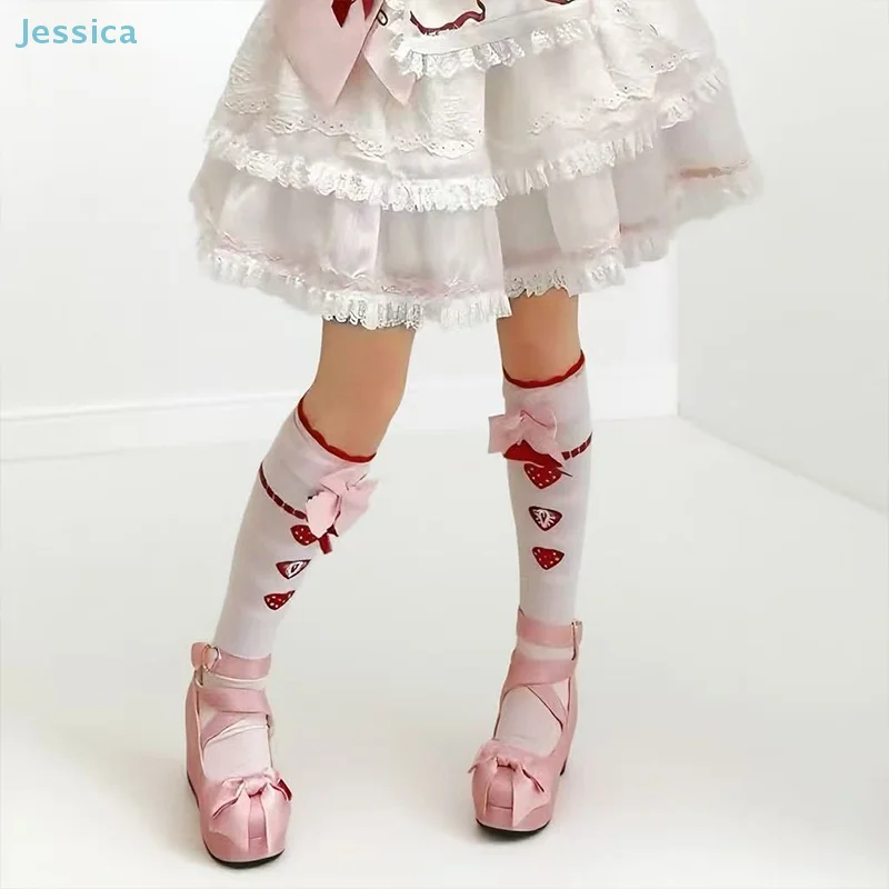 

♥1Pair Lolita Socks Cute Strawberry Wall Socks Sweet Girl Pink Bow Mid-Tube Socks