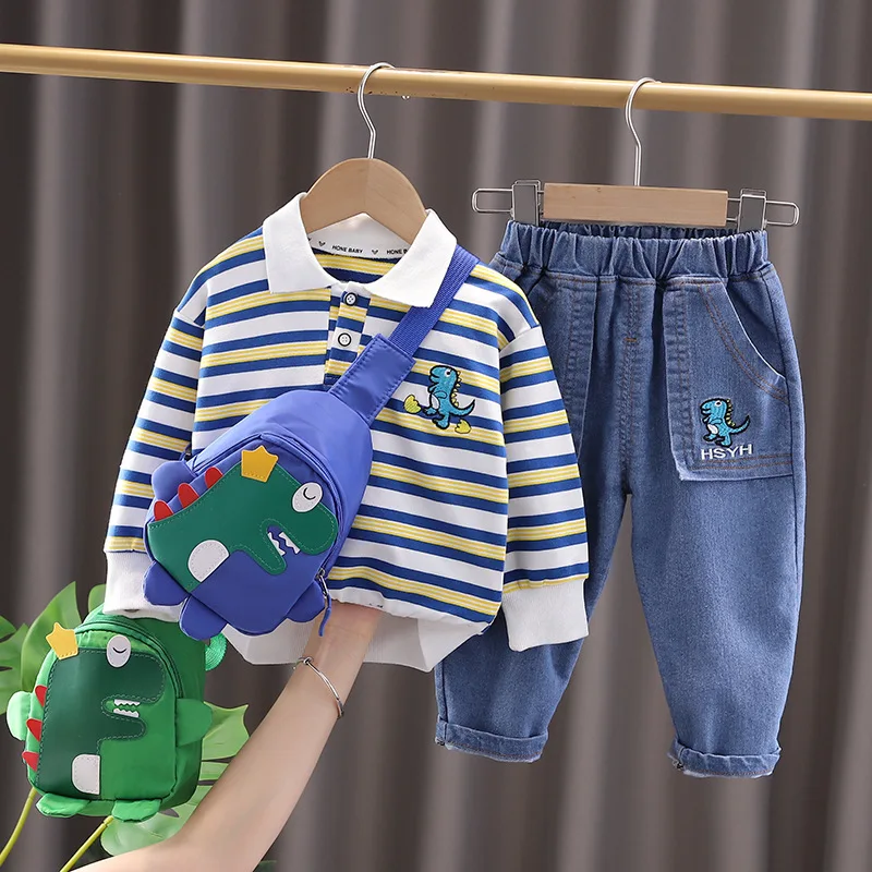 Spring Autumn Children Clothes Boys Sets Cotton Dinosaur Pullover Tops Denim Pants Bag 3Pcs Infant Casual Outfits Kids Tracksuit