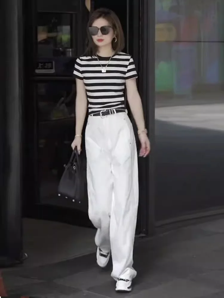 

White Slim Fit Striped Color Block Short Sleeve Top High Waist Straight Leg Narrow Wide Leg Jeans Set Women Summer Fashion