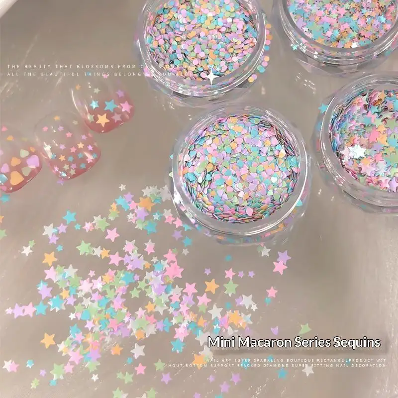 【Y】Macaron Nail Art Glitter Sequins Cute Star Heart Shapes Nail Decoration For Home DIY Nail Salon Use