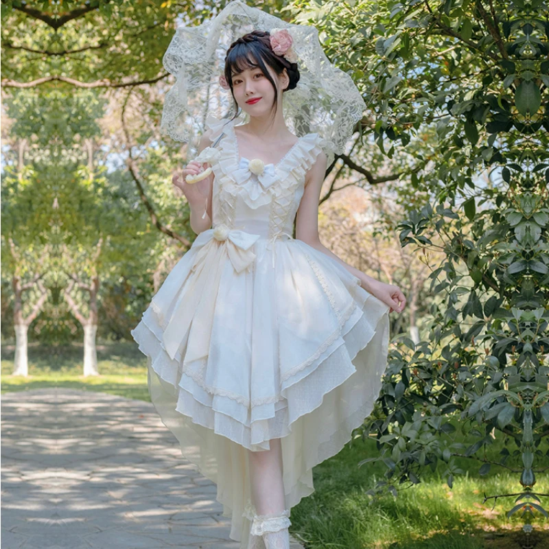 

Japanese Elegant Vintage Style Lolita Dress Women Kawaii Lace Flower Bowkont Trailing Dress Victorian Sleeveless Princess Dress