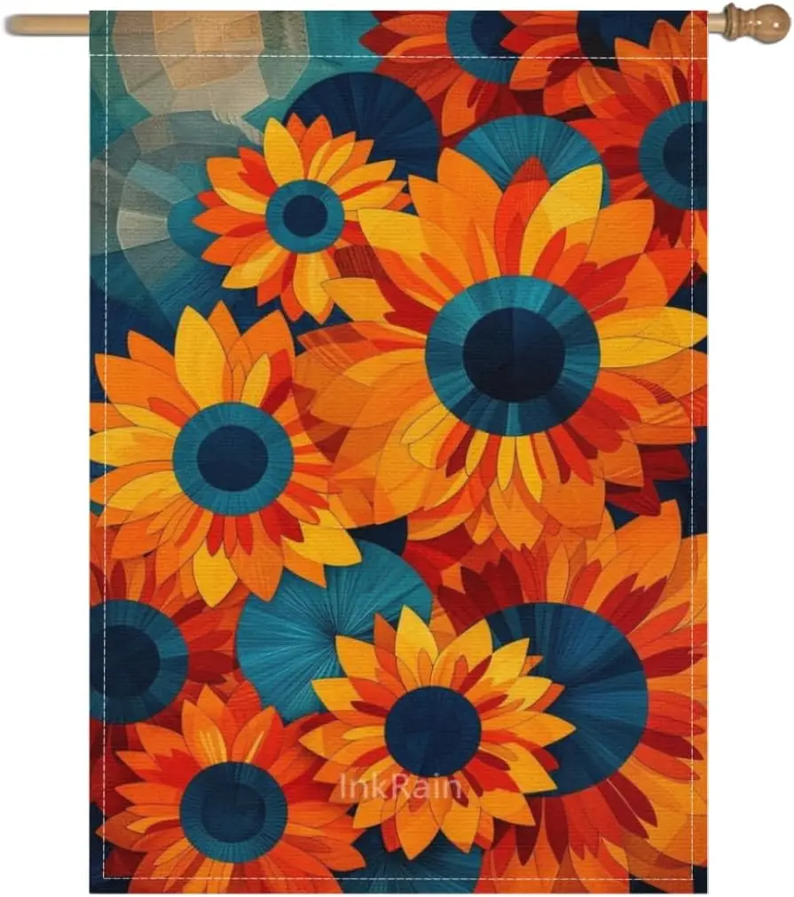 InkRain Sunflower Decorative Flag 28x40 Inch, Geometric Mosaic Sunflower Print, Bold Teal Orange Art Flag for Outdoor Garden MMZ