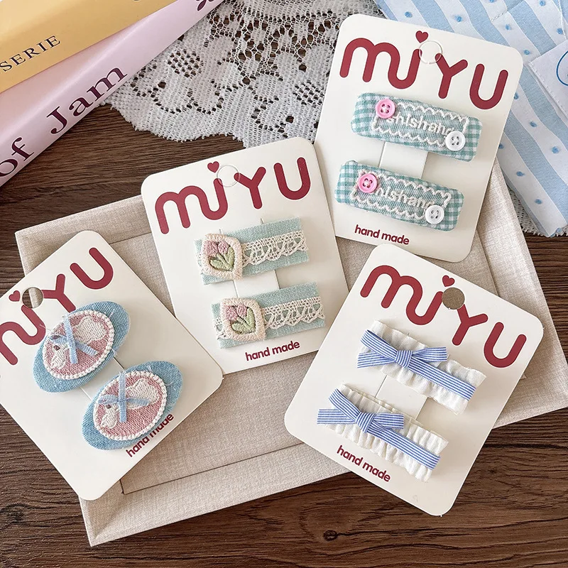 

2PC Blue Lace Embroidery Snap Hair Clips Cotton Plaid BB Barrettes Korean Fashion Hairpins for Girls Kids Photo Props Headwear