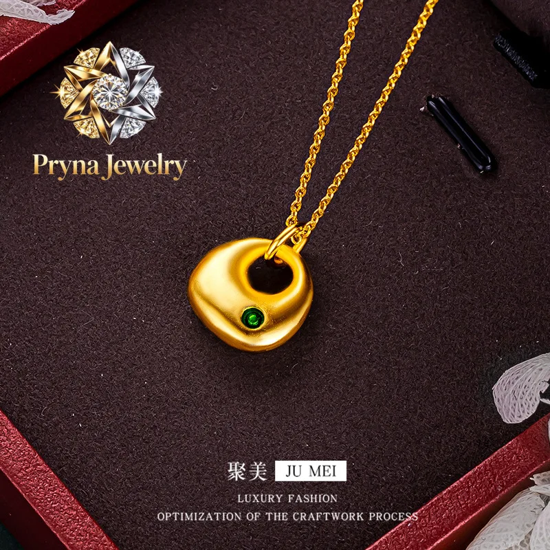 

Pryna Jewelry 9999 24K real gold small gold lump pendant necklace new Chinese style simple retro high-end sweater chain women'