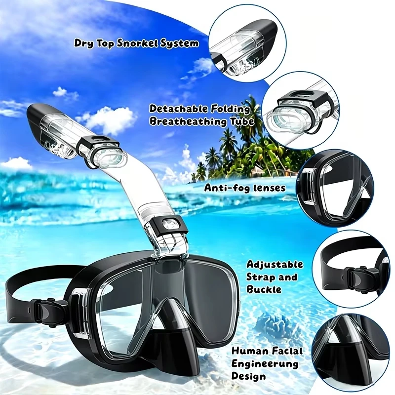 Diving Masks Foldable Anti-Fog Snorkel Mask Set with Full Dry Top System for Free Swim Professional Snorkeling Gear Adults Kids