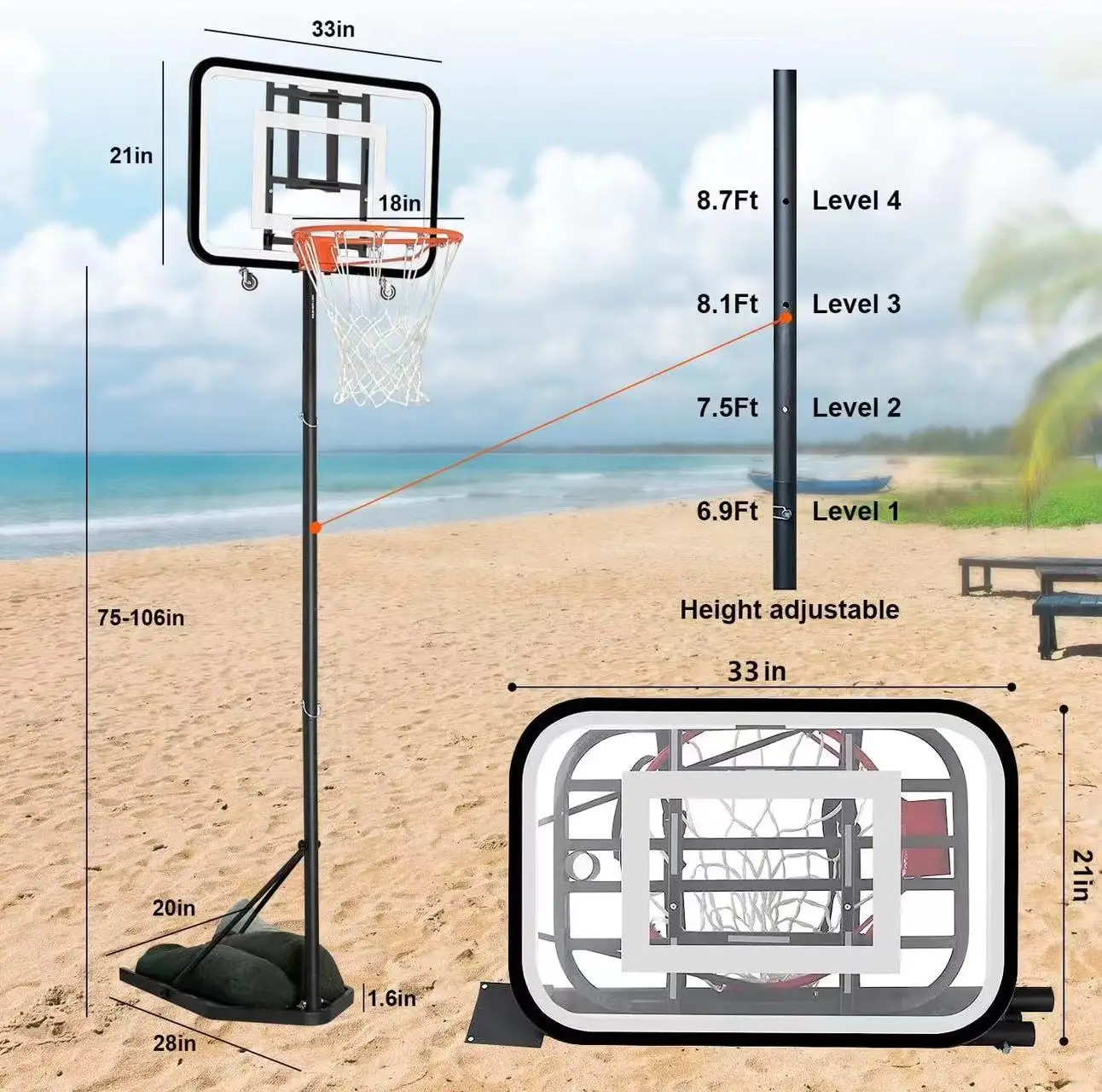 حامل كرة سلة قابل للتعديل بارتفاع قابل للطي وحامل كرة سلة محمول مع عجلة