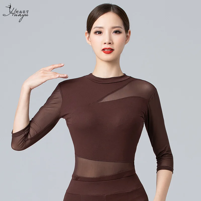 1pcs/lot Mesh Top Latin Women Ballroom Dance Professional Modern Dance National Standard Dance Training Shirt