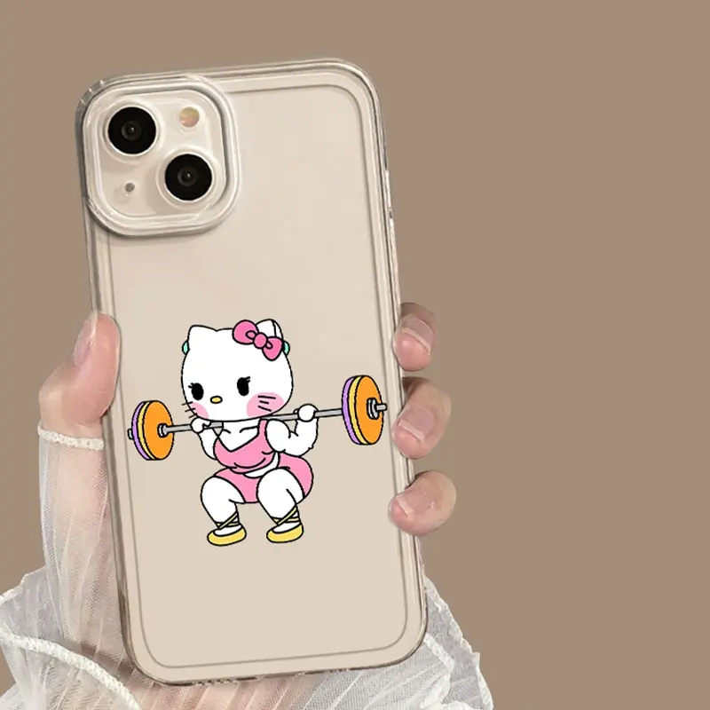 Funny Sanrio Hello Kitty Muscle KT Phone Case for IPhone 15 16 Pro Max 11 12 13 14 Mini X XS 7 8Plus Clear Soft Cover Fundas Y2K