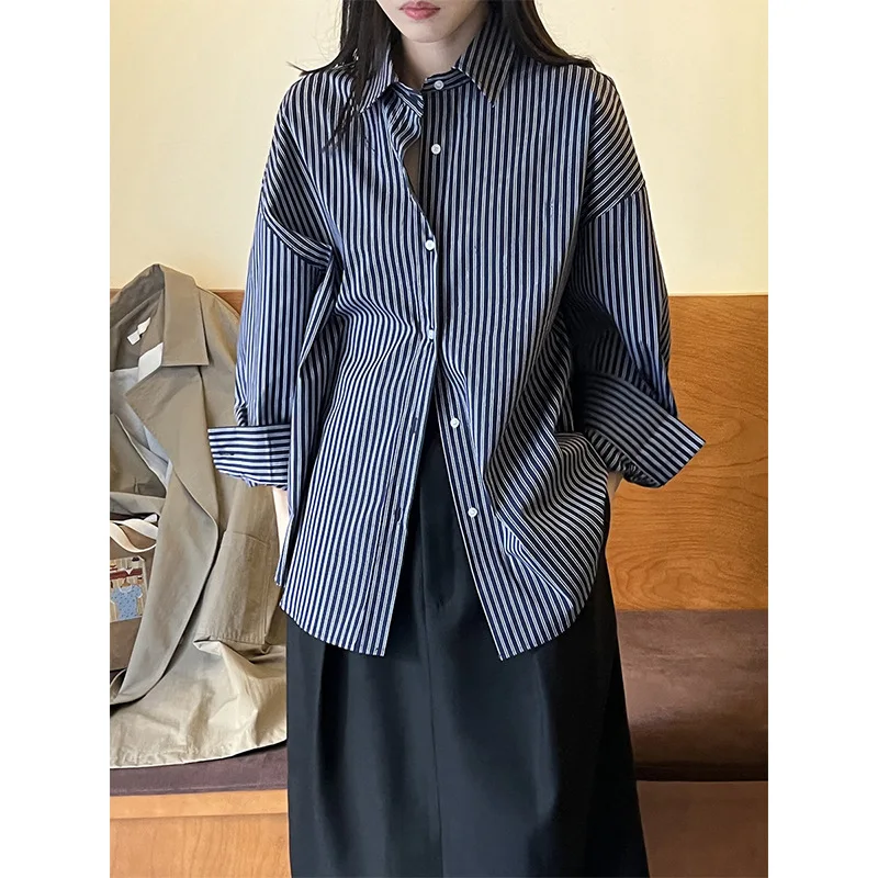 

SuperAen Vintage Striped Long-sleeved Single Breasted Loose-fit Blue Shirts for Women Spring New Oversize Shirts
