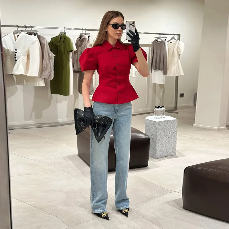 Modische Damen-Bluse mit Puffärmeln, Schicker Einreihiger Revers-T-Shirt, Einfarbiger Allrounder Streetwear Sommer Crop-Top 2026 – Detail 3