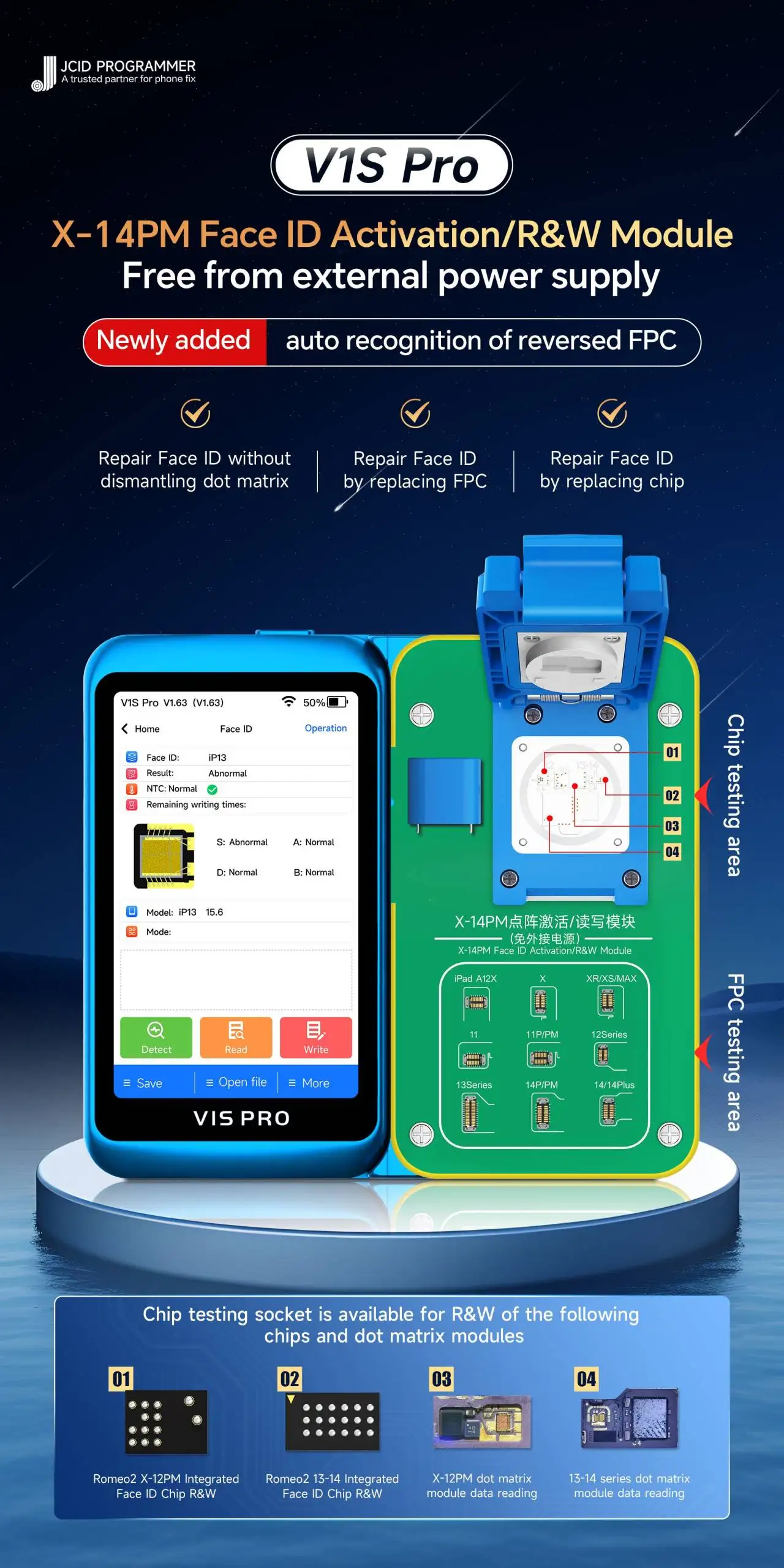 JC V1S Pro Dot Matrix Read Module For iPhone Face ID Not Working X-16 Pro Max Face Dot Matrix Flex Cable Read Encrypted Data