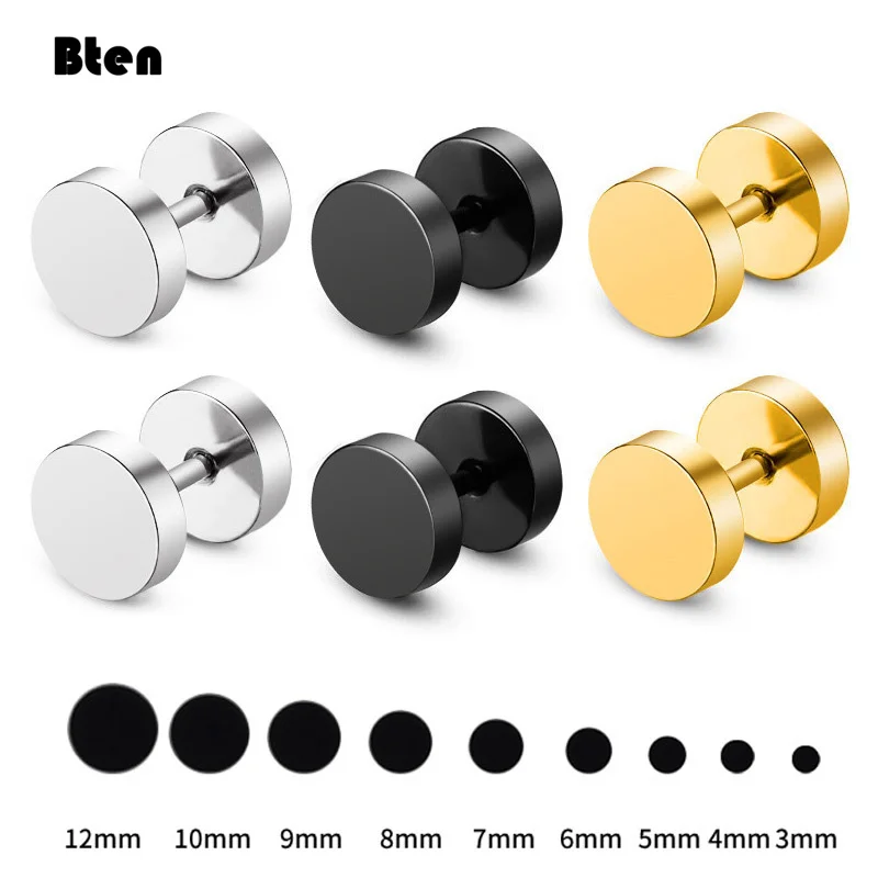 One Pair Black Stainless Steel Round Stud Earrings For Women Dumbbell Pierceing Earrings Men Punk Fashion Jewelry