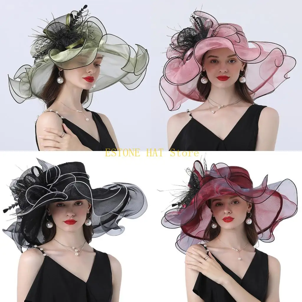 49MF Sombrero bombín para niñas, tocado flores para bodas, sombreros iglesia color sólido