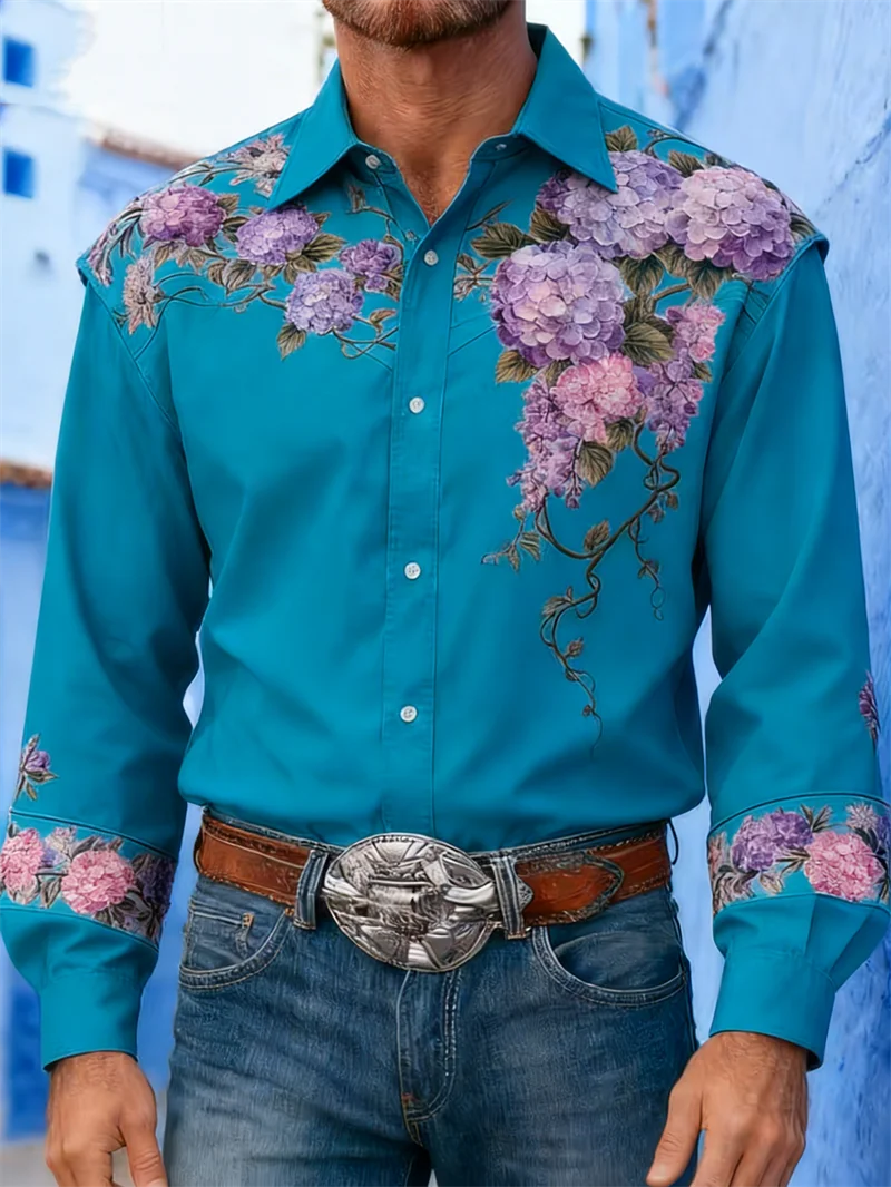 New Men's Long Sleeved Shirt with Western Lapel 3D Printed Flower Pattern Men's Top Soft and Comfortable