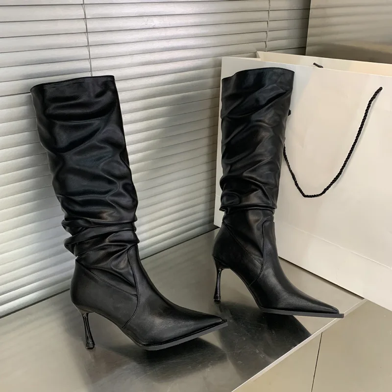 Lange Stiefel 2025, Herbst und Winter, spitze Florstiefel, dünner Absatz, schwarze lange Röhrenstiefel, Damen-Hohe Röhrenstiefel, Ritterstiefel