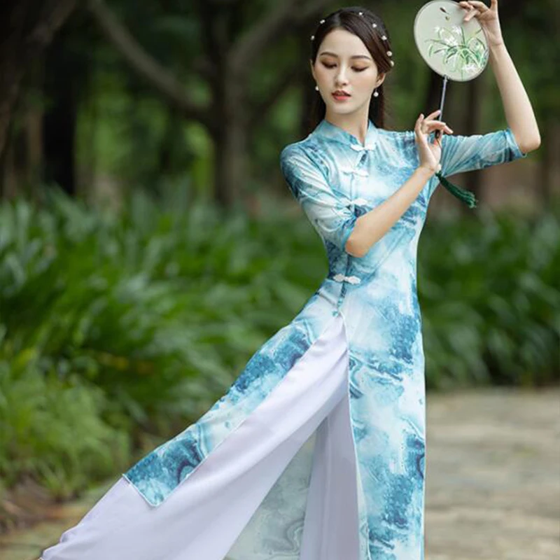 Women Traditional Cheongsam Style Dance Pants Elegant Umbrella Fan Dance Yangko Performance Costume Dress+Inner Camisole Set