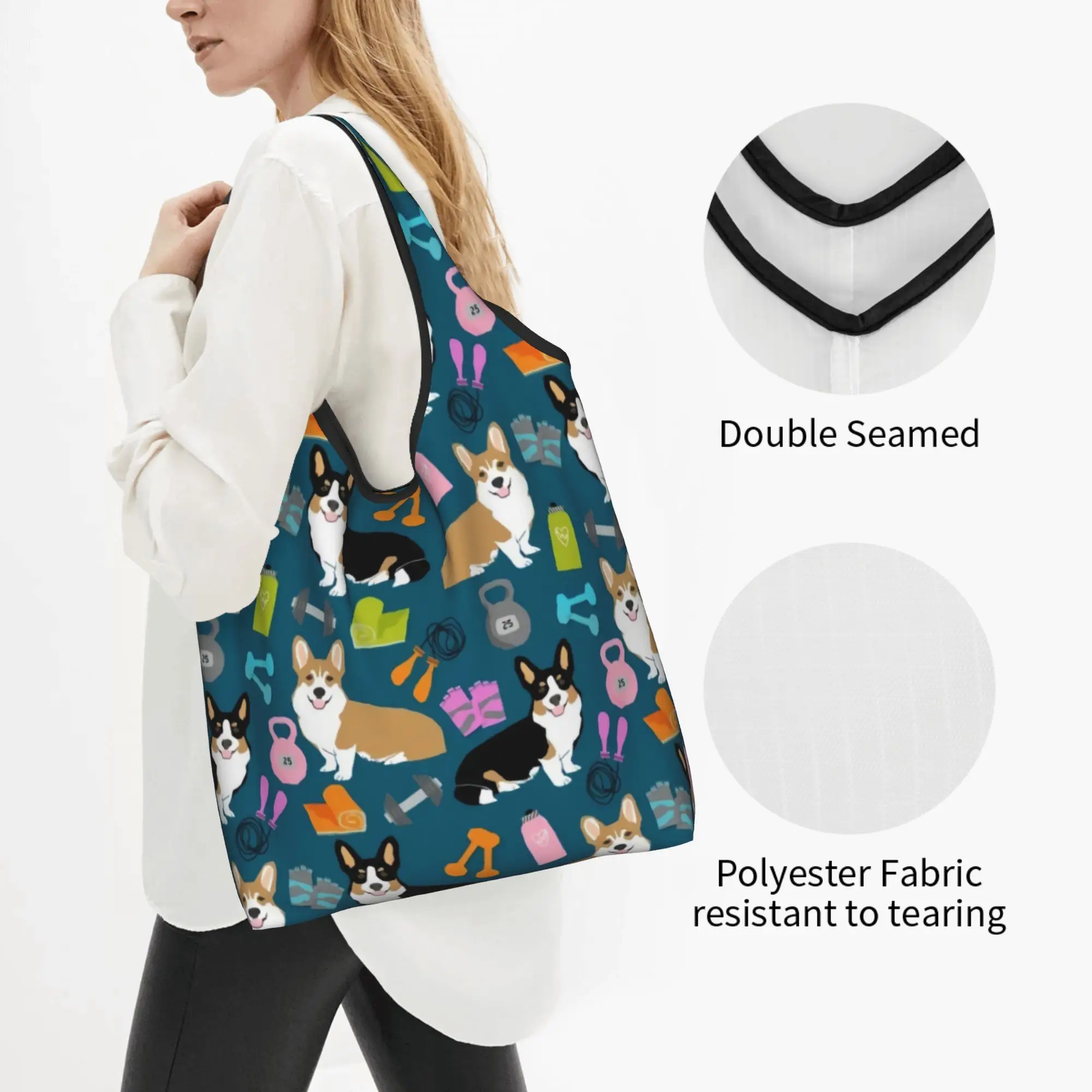 Reusable Welsh Corgi Dog  Shopping Bag Women Tote Bag Portable  Groceries Shopper Bags