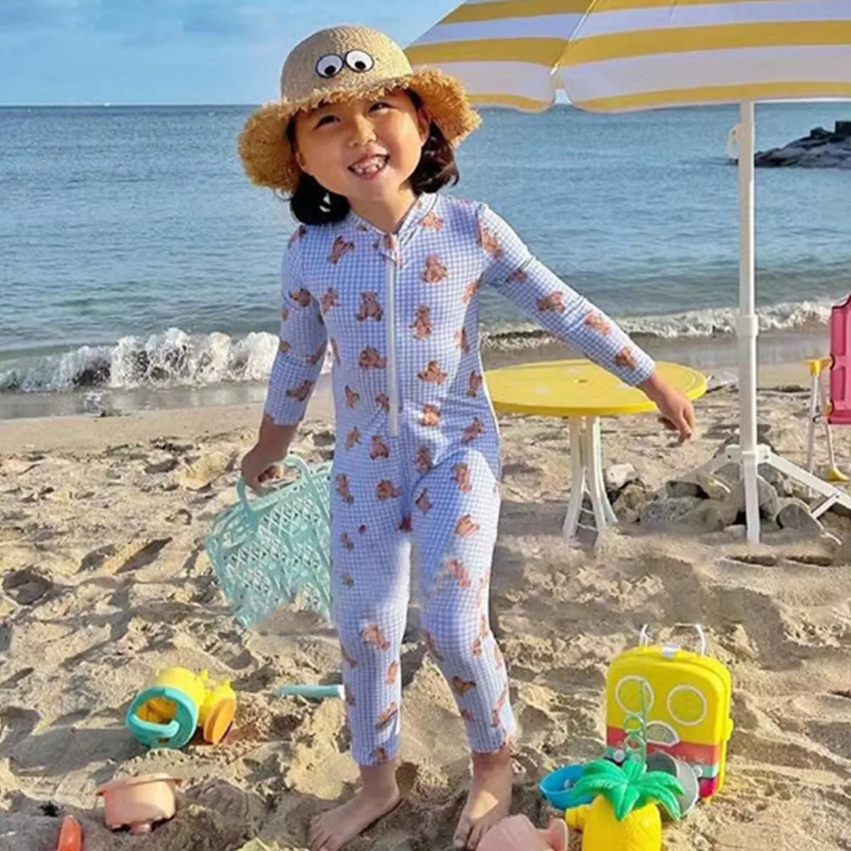 Kids Clothes Girls Swimwears Summer Cute Cartoon Bear Plaid Swimsuit with Hat 2023 New Korean Long Sleeve Children\'s Clothing