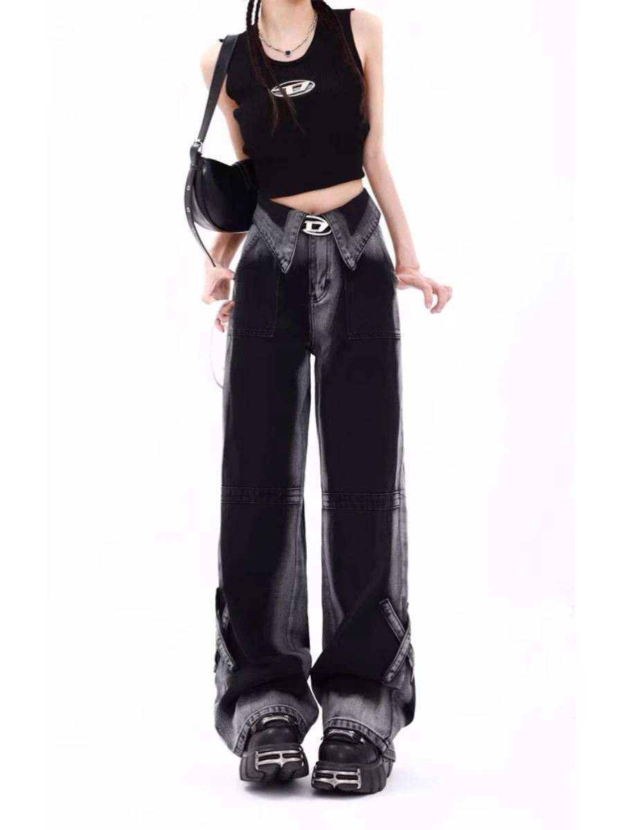 High Waist Wide Leg Jeans Women's Loose Fit Thickened Color Block Spring New Style Commuter Style Zipper Closure Cotton Denim