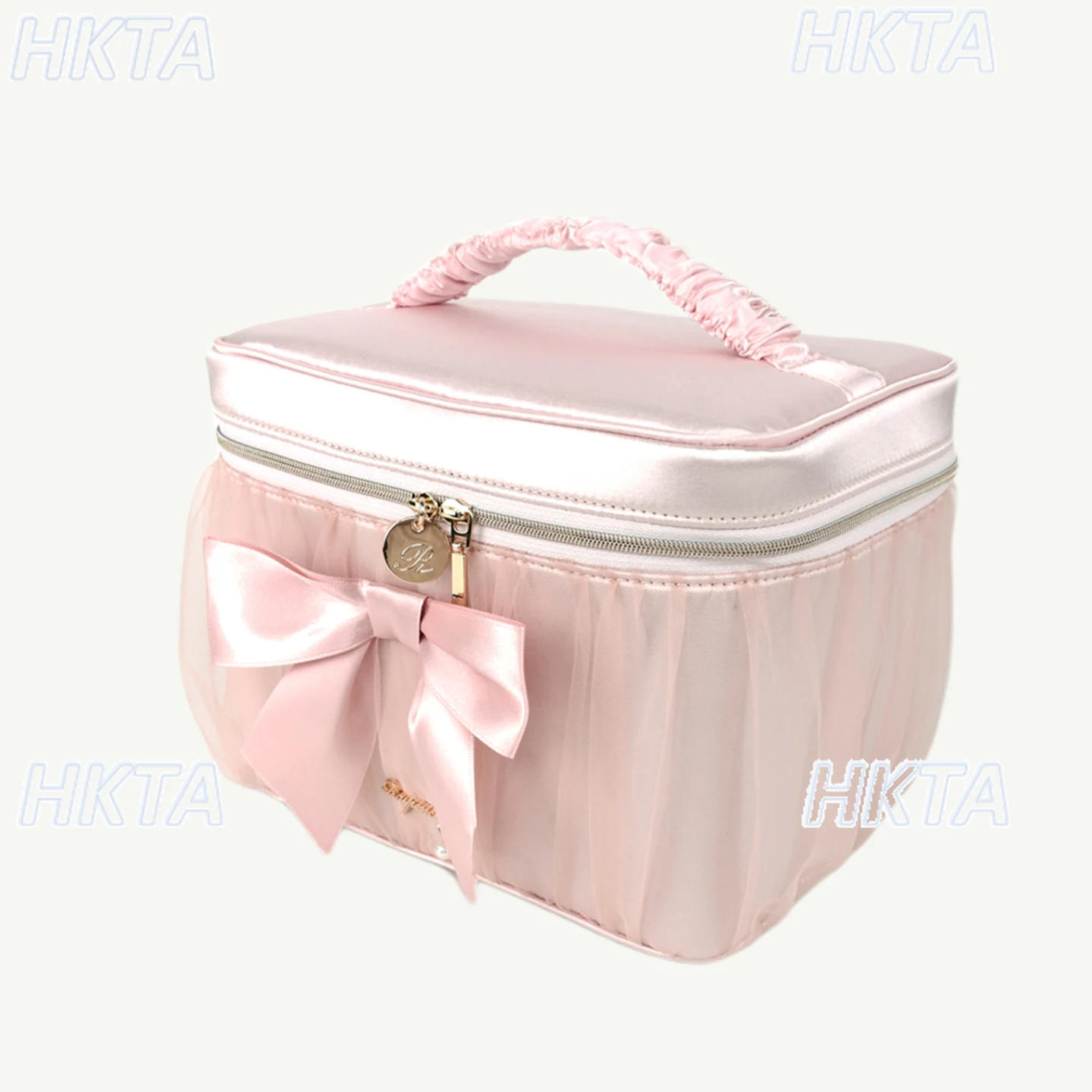 

Japanese Style Sweet and Cute Bow Pleated Mesh Cosmetic Bags Large Capacity Pink Travel Storage Portable Make Up Bags for Women