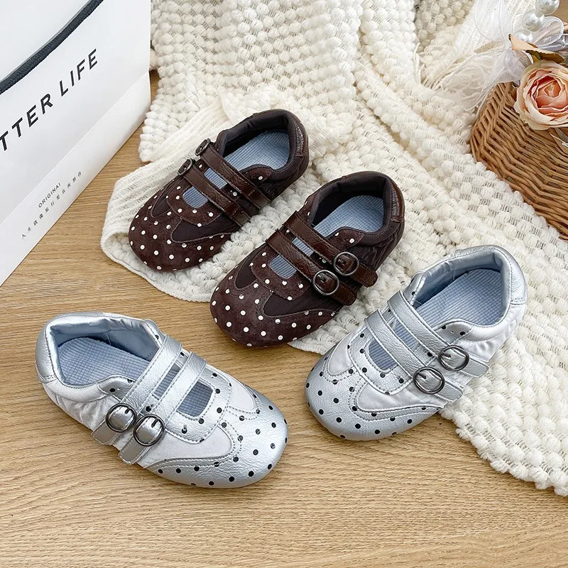 Girls Flats Sneakers Polka Dot Children Leather Running Shoes Soft Sole Retro Style Kids Casual Sport Shoes Non‑Slip Size 23-36
