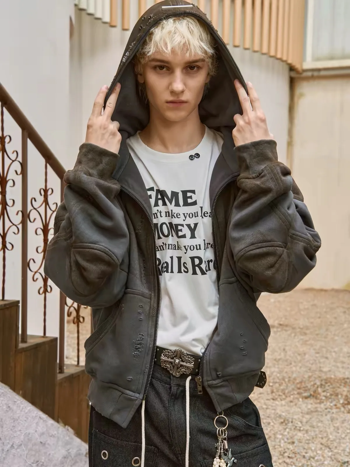 Vintage Washed Ripped Zip Up Hoodie Gradient Distressed Destroyed Oversized Unisex Streetwear Jacket