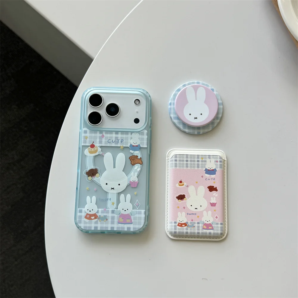 

Fashion plaid cute rabbit magnetic stand phone case for iPhone 17 16 Pro 15 Pro Max 14 13 Funda For Magsafe card bag holder case