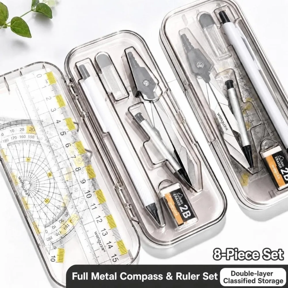 8Pcs Metal Geometry Compass Set Drawing Tools Protractor Triangle Ruler Set Students Compass Kit Geometry Drafting Stationery