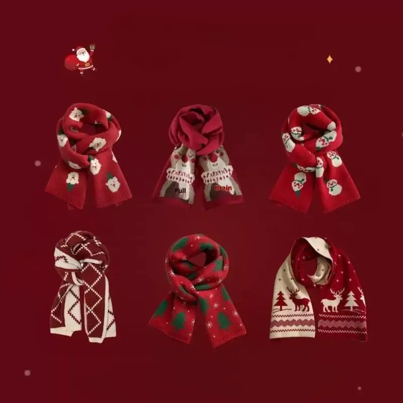 Trendy Xmas Elk Snowman Neck Warmer; Red Shawl Ideal Gift for Students or Couples