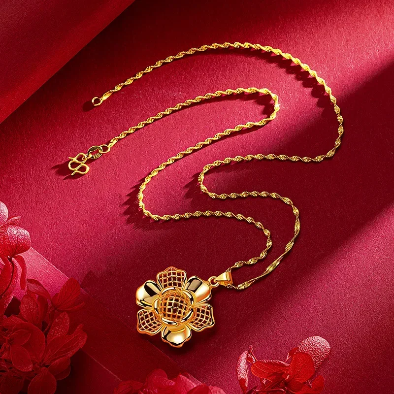 

9999 Real Gold 24K Ethnic Style Big Flower Necklace 24k Gold Temperament Flower Pendant for Mother Gift