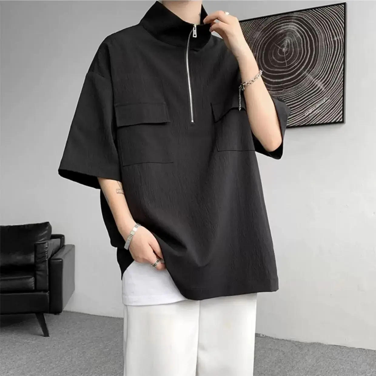 

White High-end Semi zipper Short Sleeved Men's Style Korean Retro Pocket Design Polo Shirt T-shirt Seven Quarter Sleeve top