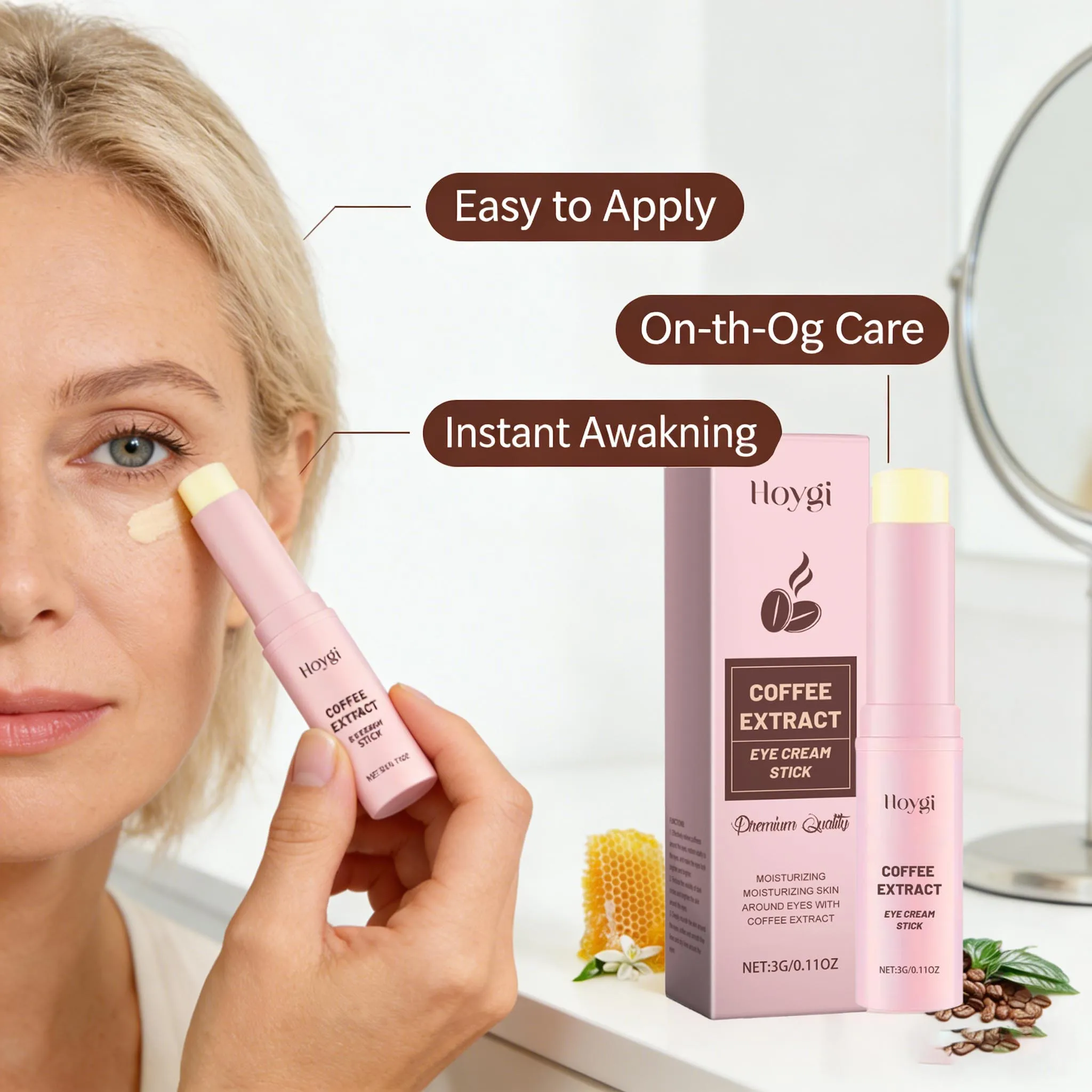 Bálsamo en Barra para Ojos con Cafeína de Acción Instantánea, Extracto de Miel, Hidratante Suave, Desinflamatorio, Iluminador y Suavizante