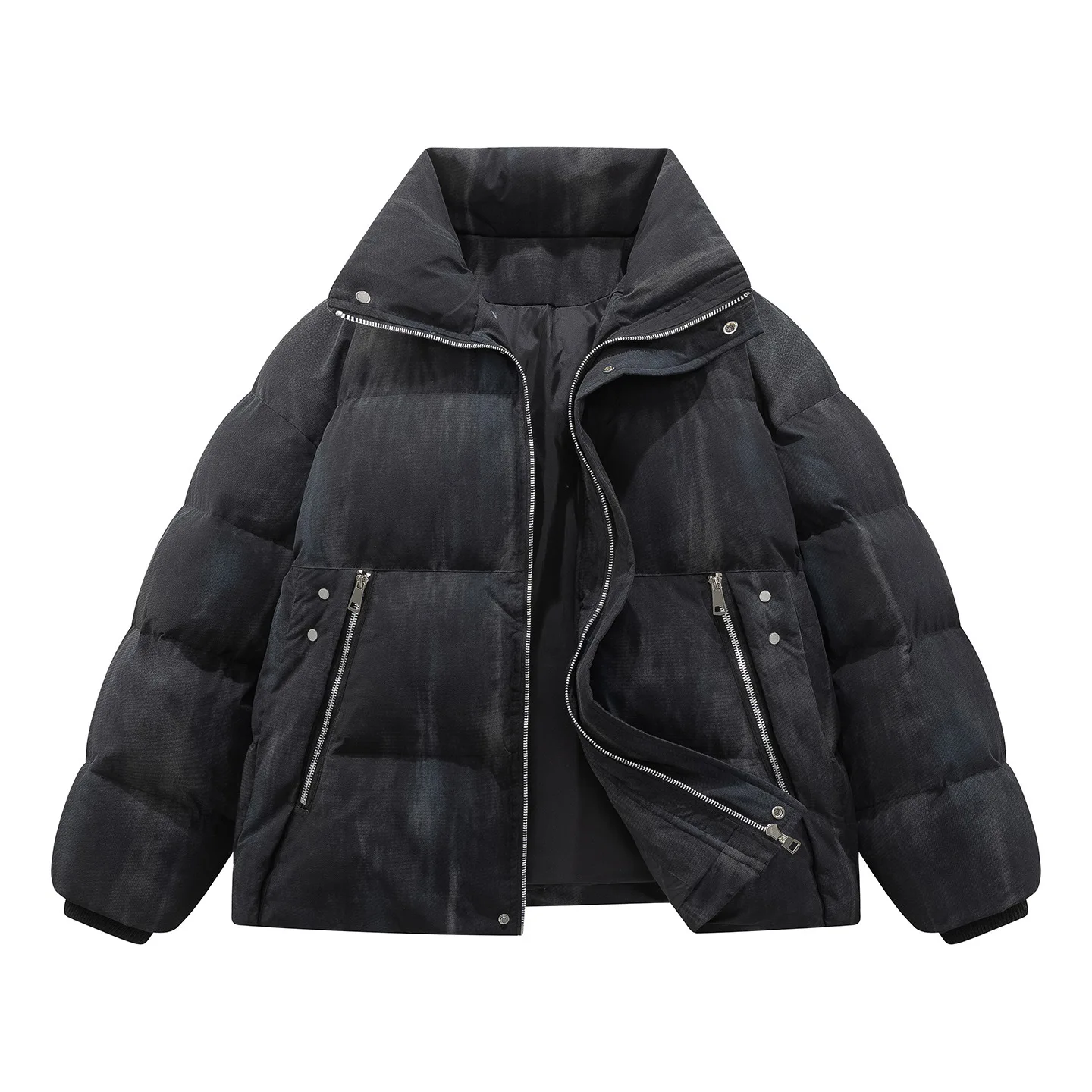 Men Winter Down Coat High Street Washed Printed Loose Male Jacket Stand Collar Long Sleeve Zipper Cold-proof Man Outerwear