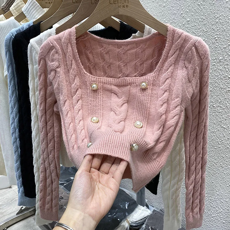 Slim Young Lady Knitting Pullovers Short Design Long Sleeve Square Collar Fashion Female Knitted Pullovers Sweet Women's Sweater