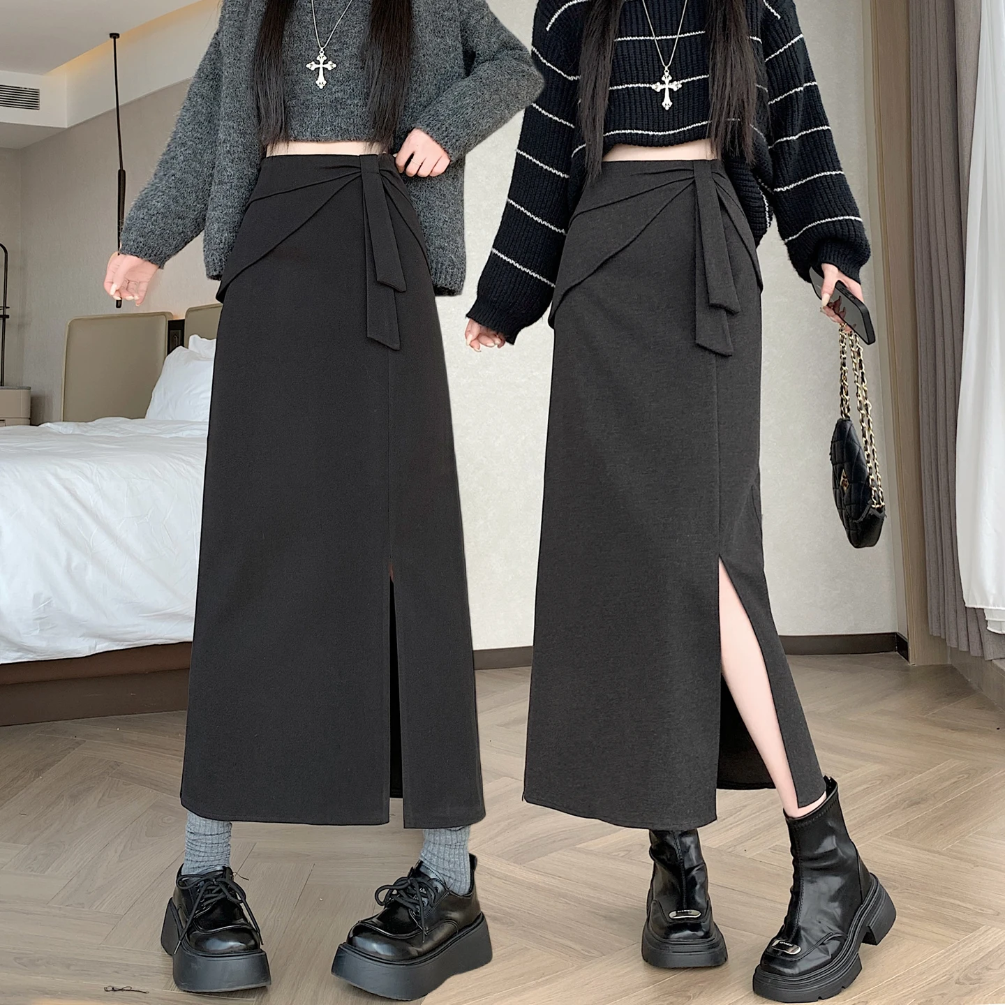 Grey Woolen Midi Skirts for Women, Autumn Winter High-End A-Line Bodycon Split Hem Pencil Skirt, Elegant Chic Office Wear 2026