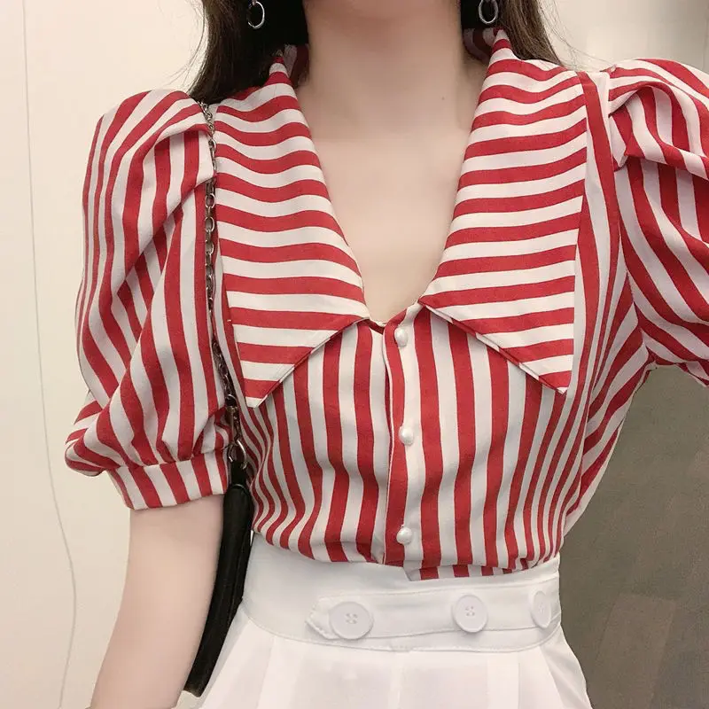 

Summer Fashion Striped Turn-down Collar Puff Sleeve Shirt Loose Casual Short Sleeve Vintage Women's Clothing Commute Blouse